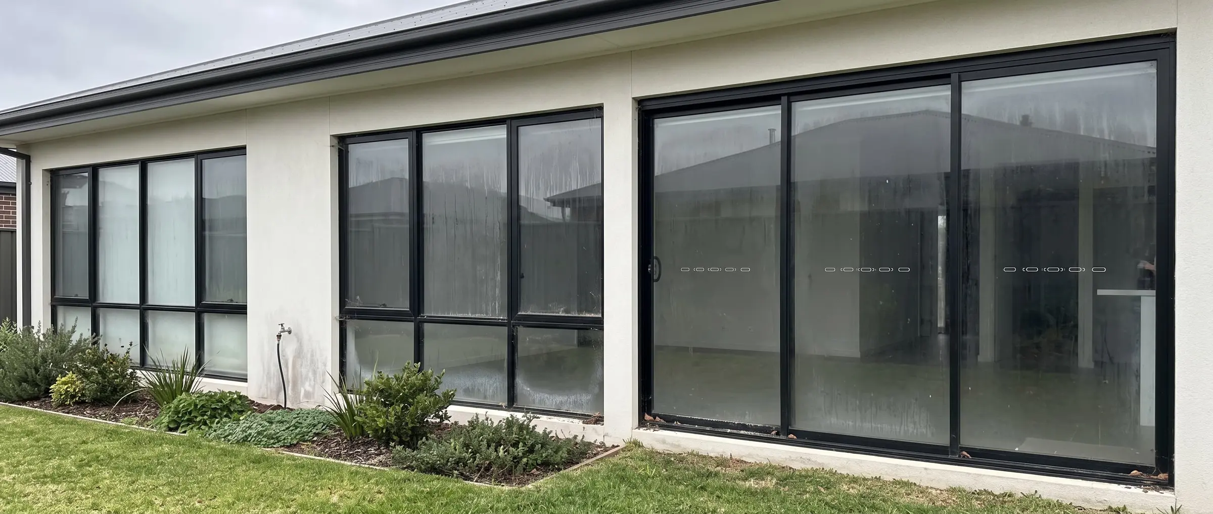 Sliding glass doors before cleaning in Melbourne south-east